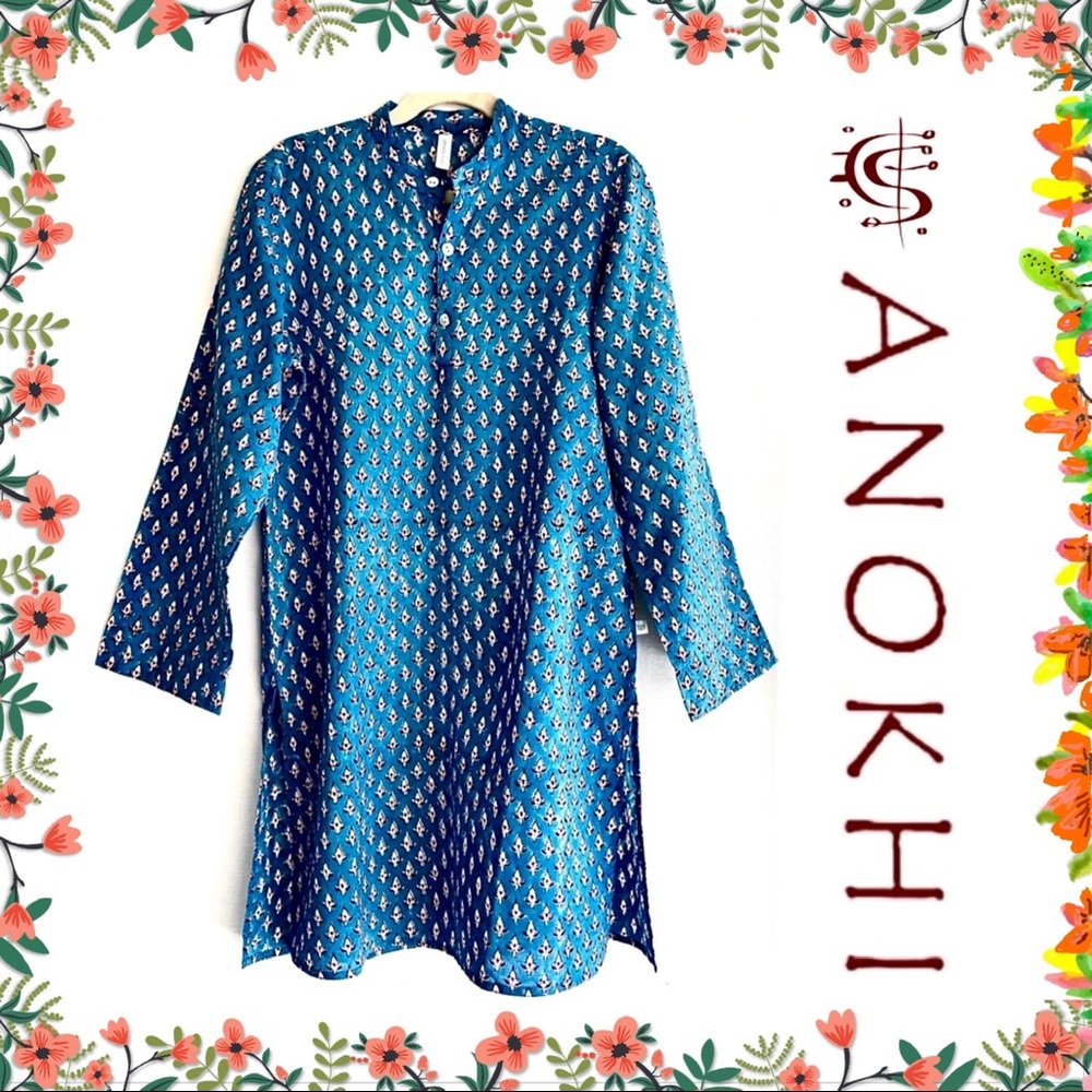 NEW anokhi koki design Teal Blue Boho Style Print Dress Girls Size 10/11